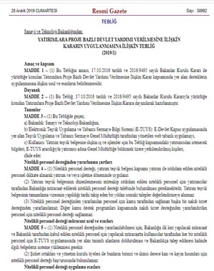 Yatırımlara proje bazlı devlet yardımı verilmesine ilişkin kararın uygulanmasına ilişkin tebliğ (2019/1) - 28.12.2019-30992 Resmi Gazete